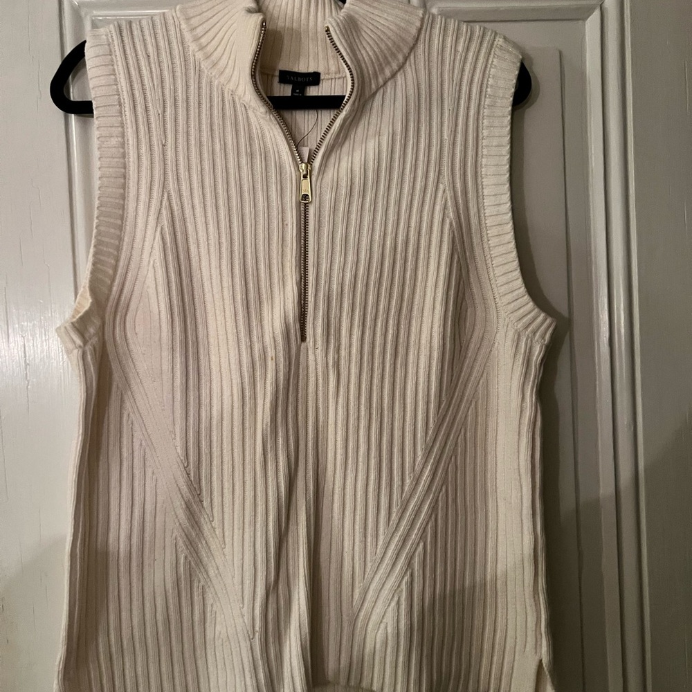 Talbots Cream Ribbed Zip-Up Vest